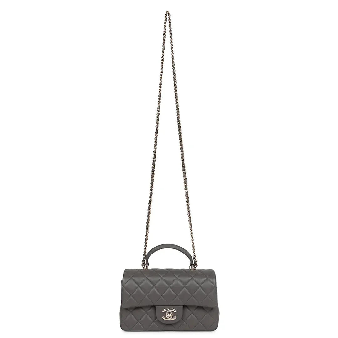 CC Mini Rectangular Flap Bag with Top Handle Dark Grey Lambskin Light Gold Hardware