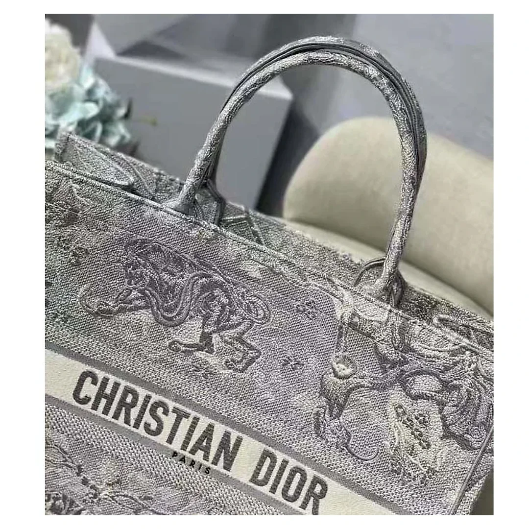 CD Unisex CD Large CD Book Tote Gray Toile De Jouy Embroidery