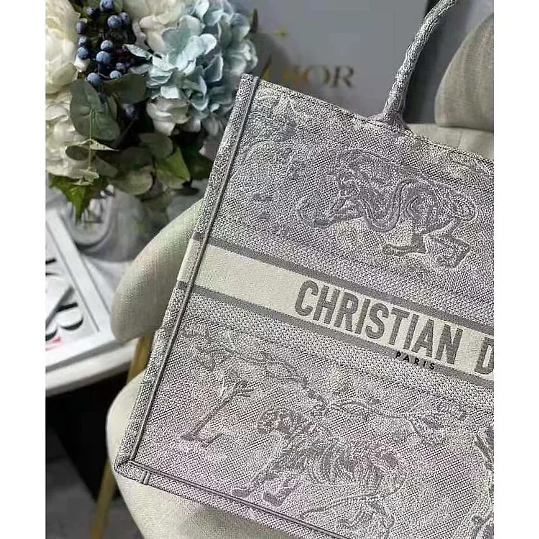 CD Unisex CD Large CD Book Tote Gray Toile De Jouy Embroidery