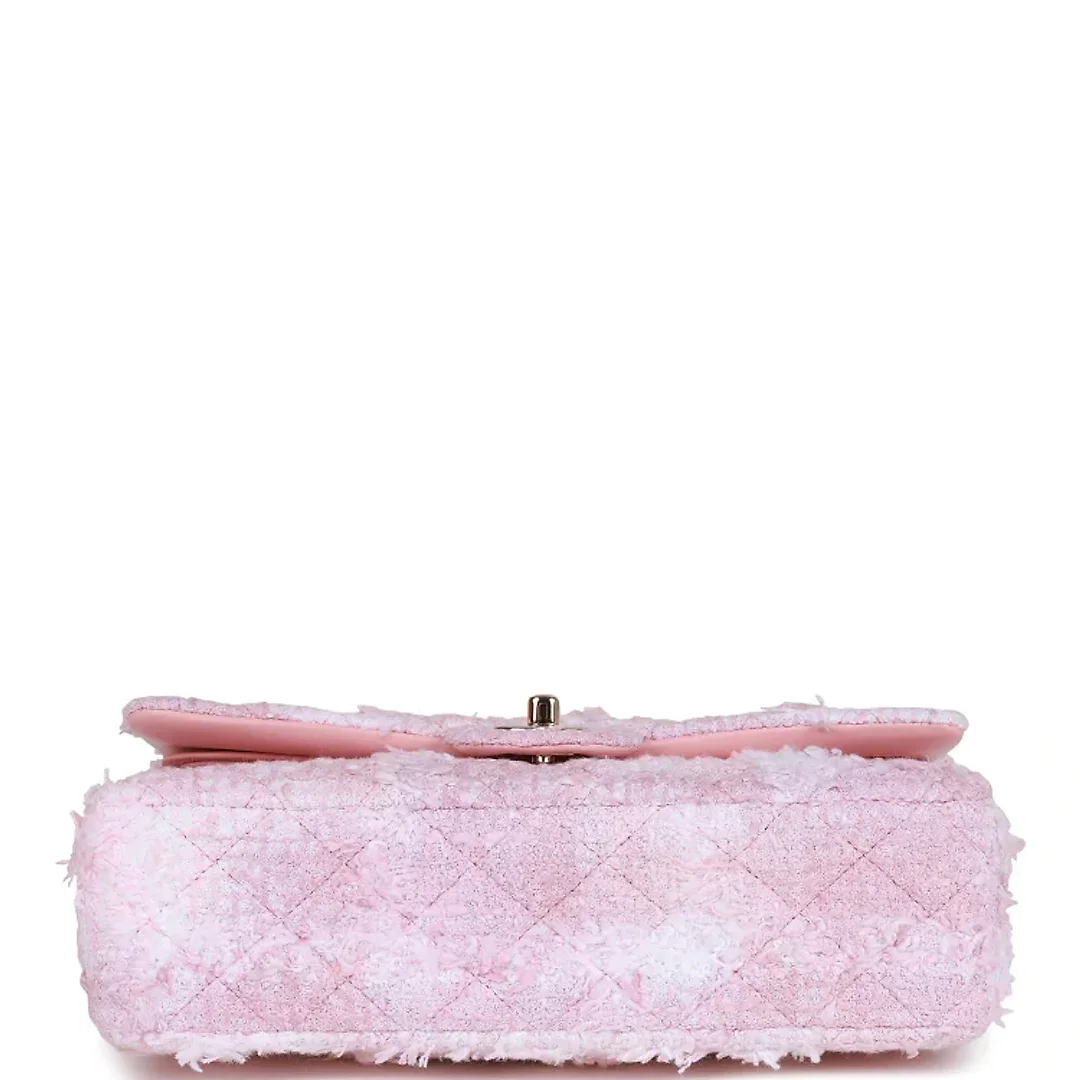 CC Medium Classic Double Flap Bag Rose Sakura Tweed Light Gold Hardware