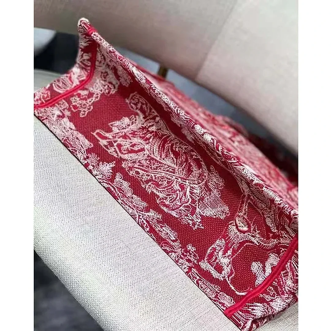 CD Unisex Medium Book Tote Burgundy Toile De Jouy Stripes Embroidery
