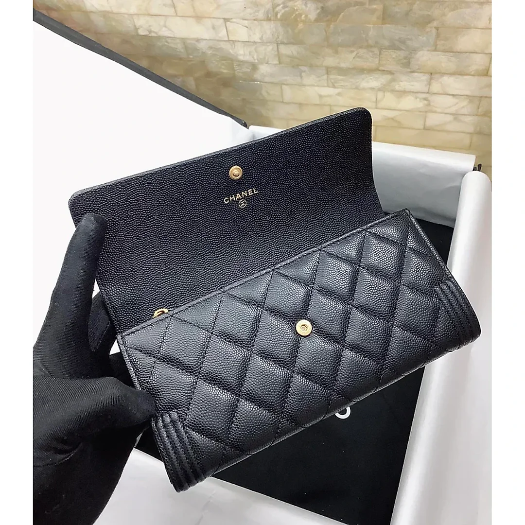cc CO-CO Long Flap Wallet 19.5cm/7.7in Gold Hardware For Women Black