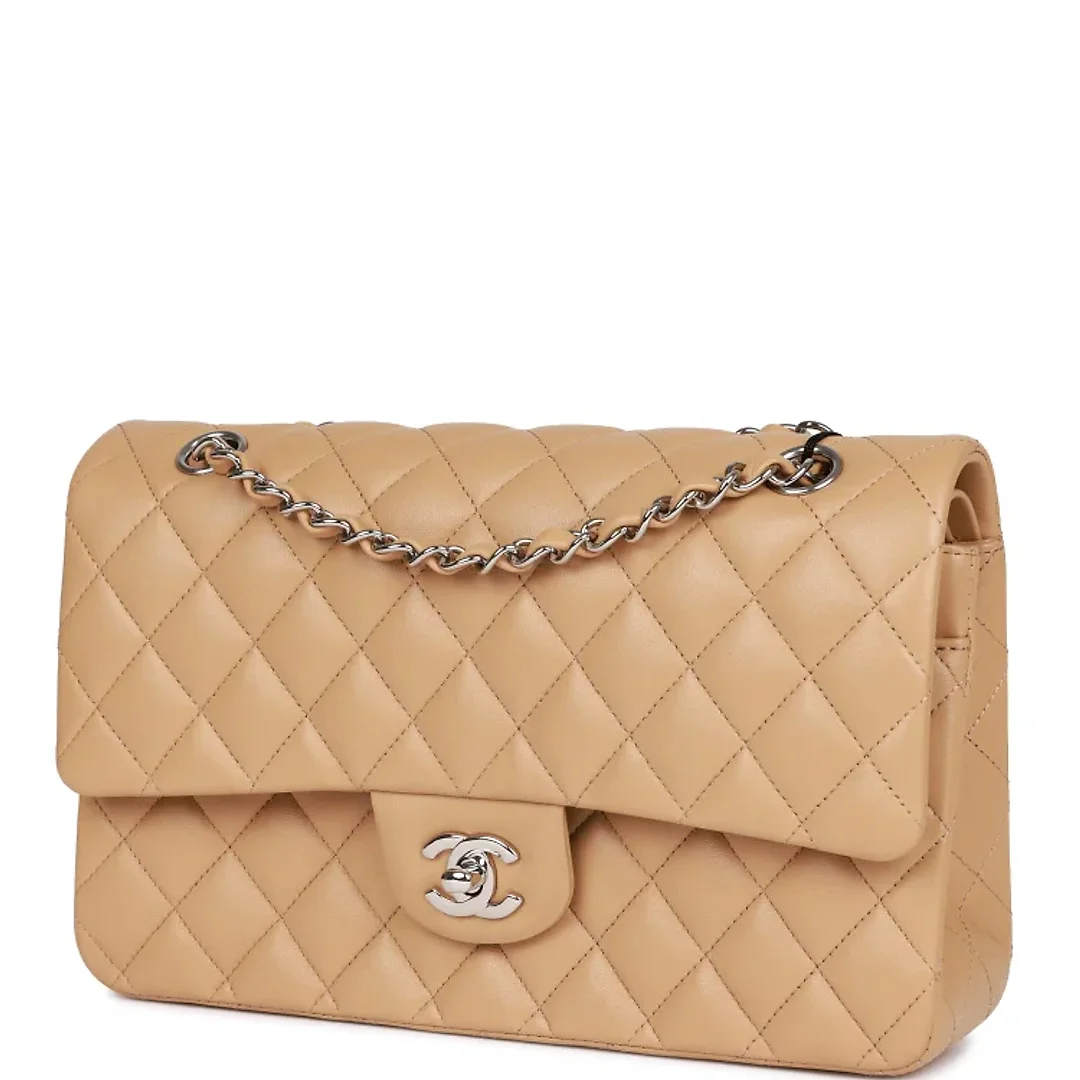 CC Medium Classic Double Flap Bag Beige Lambskin Silver Hardware