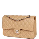CC Medium Classic Double Flap Bag Beige Lambskin Silver Hardware
