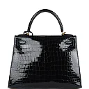 H Kelly Sellier 28 Bleu Baltique Shiny Porosus Crocodile Gold Hardware