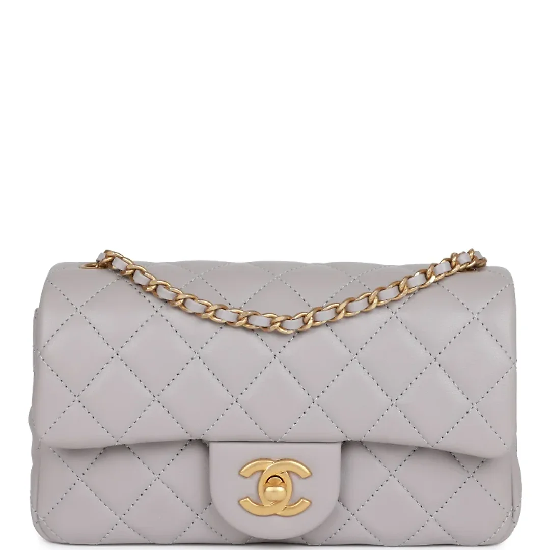 CC Pearl Crush Mini Rectangular Flap Bag Light Grey Lambskin Antique Gold Hardware