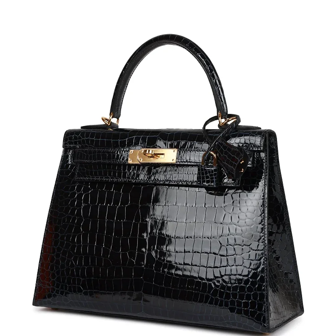 H Kelly Sellier 28 Bleu Baltique Shiny Porosus Crocodile Gold Hardware