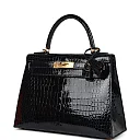 H Kelly Sellier 28 Bleu Baltique Shiny Porosus Crocodile Gold Hardware