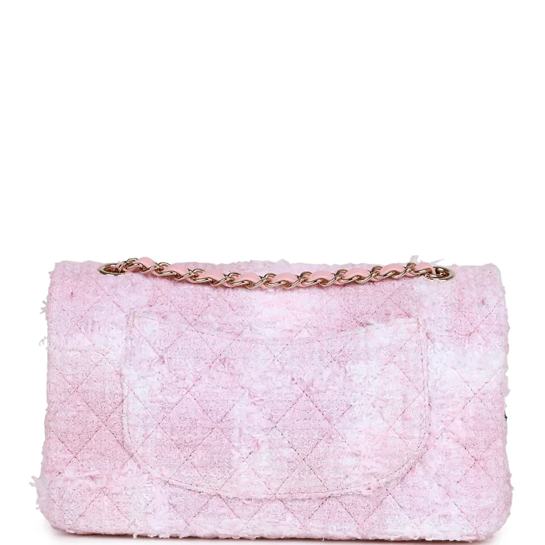 CC Medium Classic Double Flap Bag Rose Sakura Tweed Light Gold Hardware