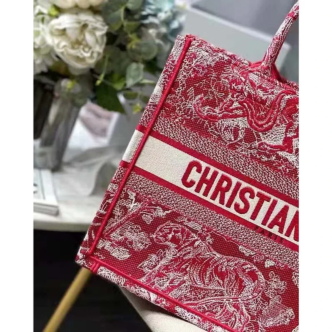 CD Unisex Medium Book Tote Burgundy Toile De Jouy Stripes Embroidery