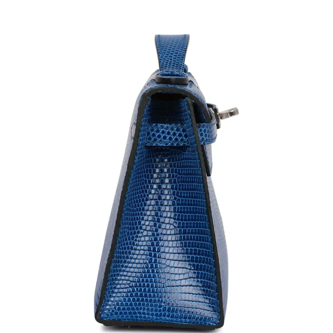 H Kelly Pochette Bleu Saphir Lizard Palladium Hardware