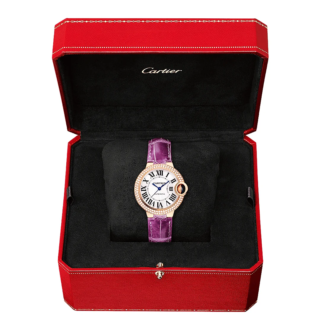 Ballon Bleu de Cartier 28mm 18ct Pink Gold Diamond Bezel Strap Watch