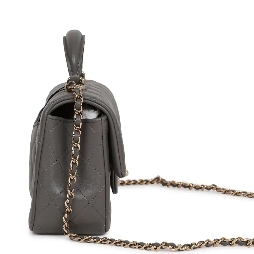 CC Mini Rectangular Flap Bag with Top Handle Dark Grey Lambskin Light Gold Hardware