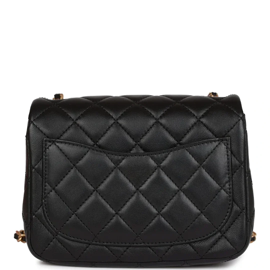 CC Pearl Crush Mini Square Flap Bag Black Lambskin Antique Gold Hardware