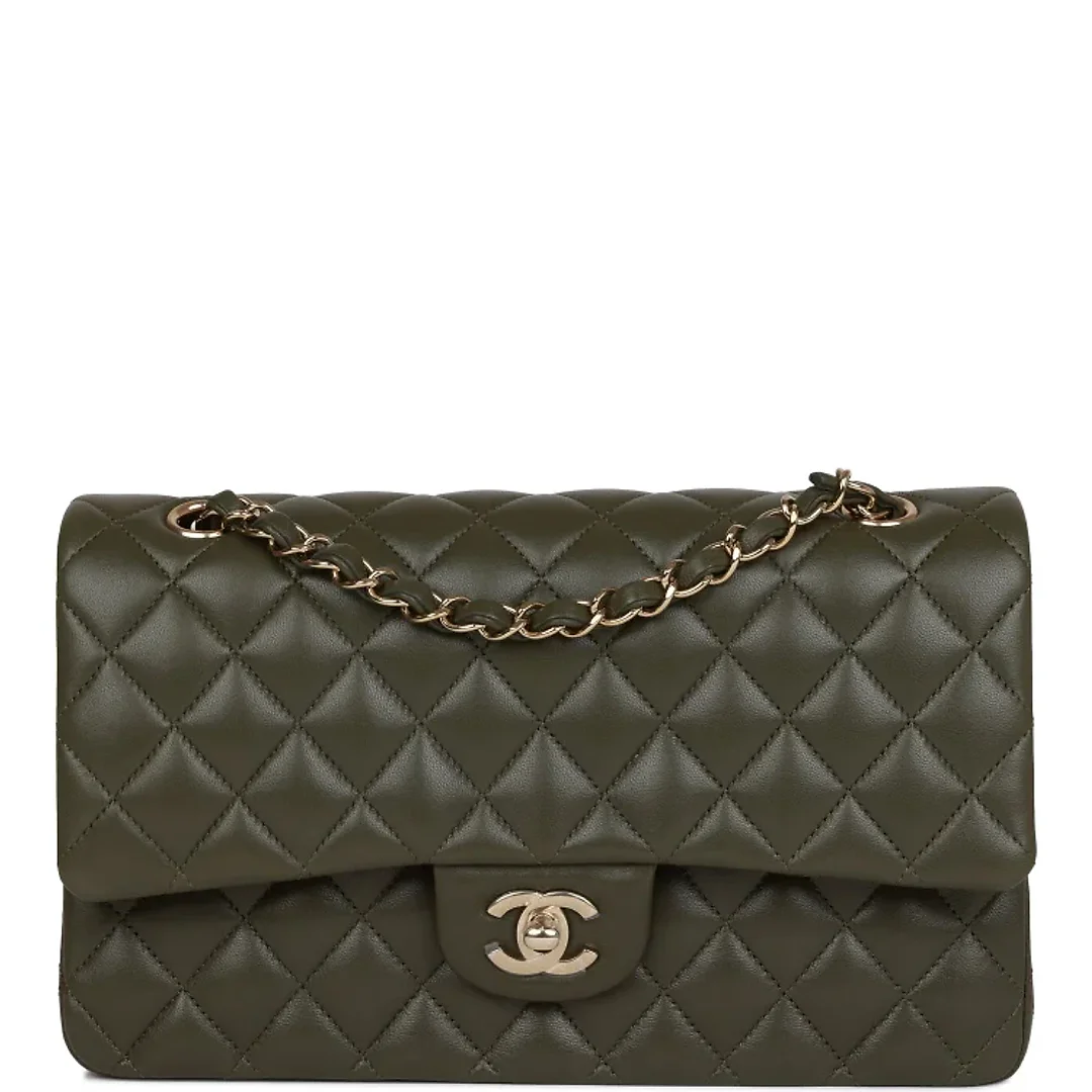 CC Medium Classic Double Flap Bag Olive Calfskin Light Gold Hardware