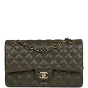 CC Medium Classic Double Flap Bag Olive Calfskin Light Gold Hardware