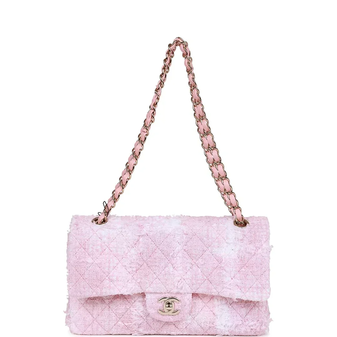 CC Medium Classic Double Flap Bag Rose Sakura Tweed Light Gold Hardware