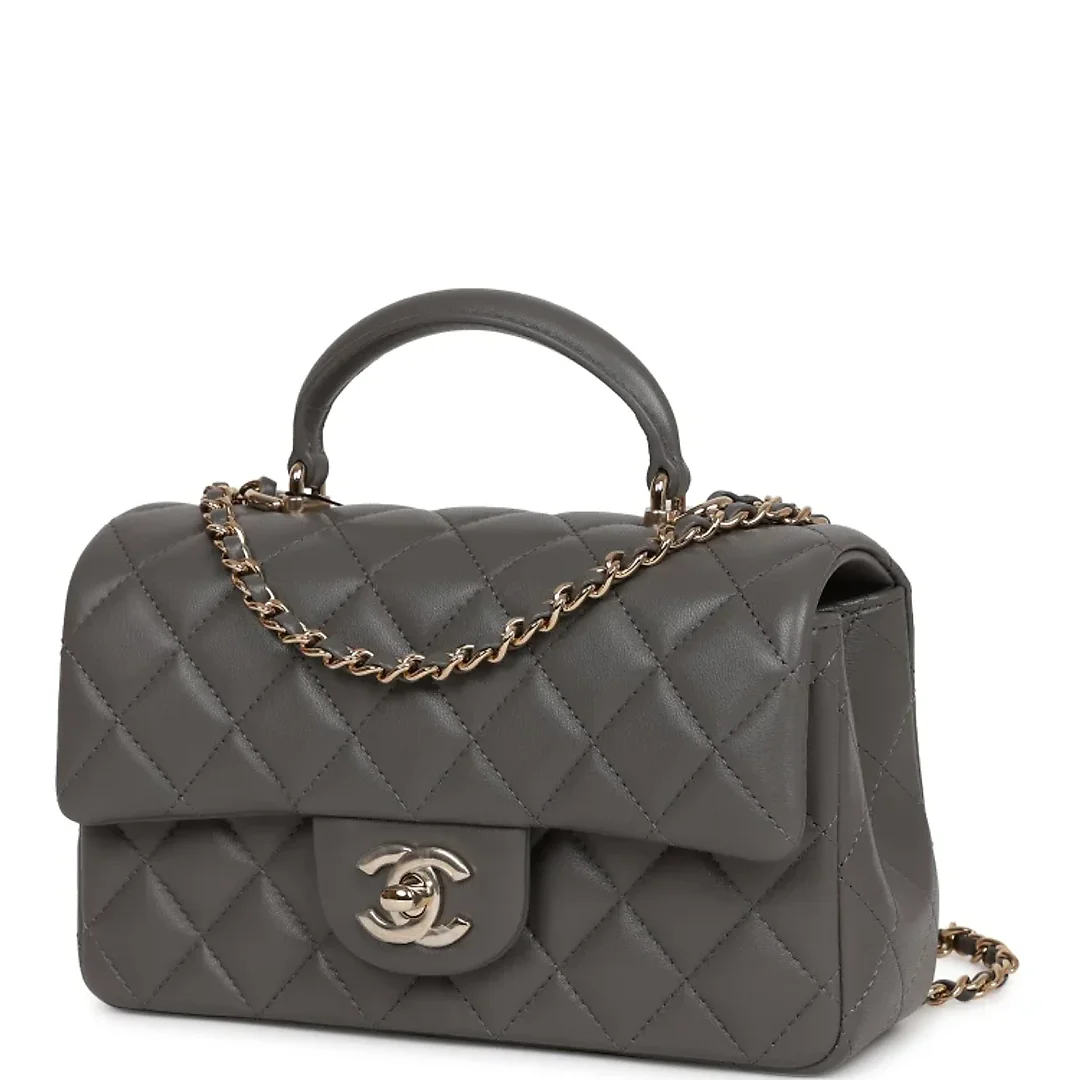 CC Mini Rectangular Flap Bag with Top Handle Dark Grey Lambskin Light Gold Hardware