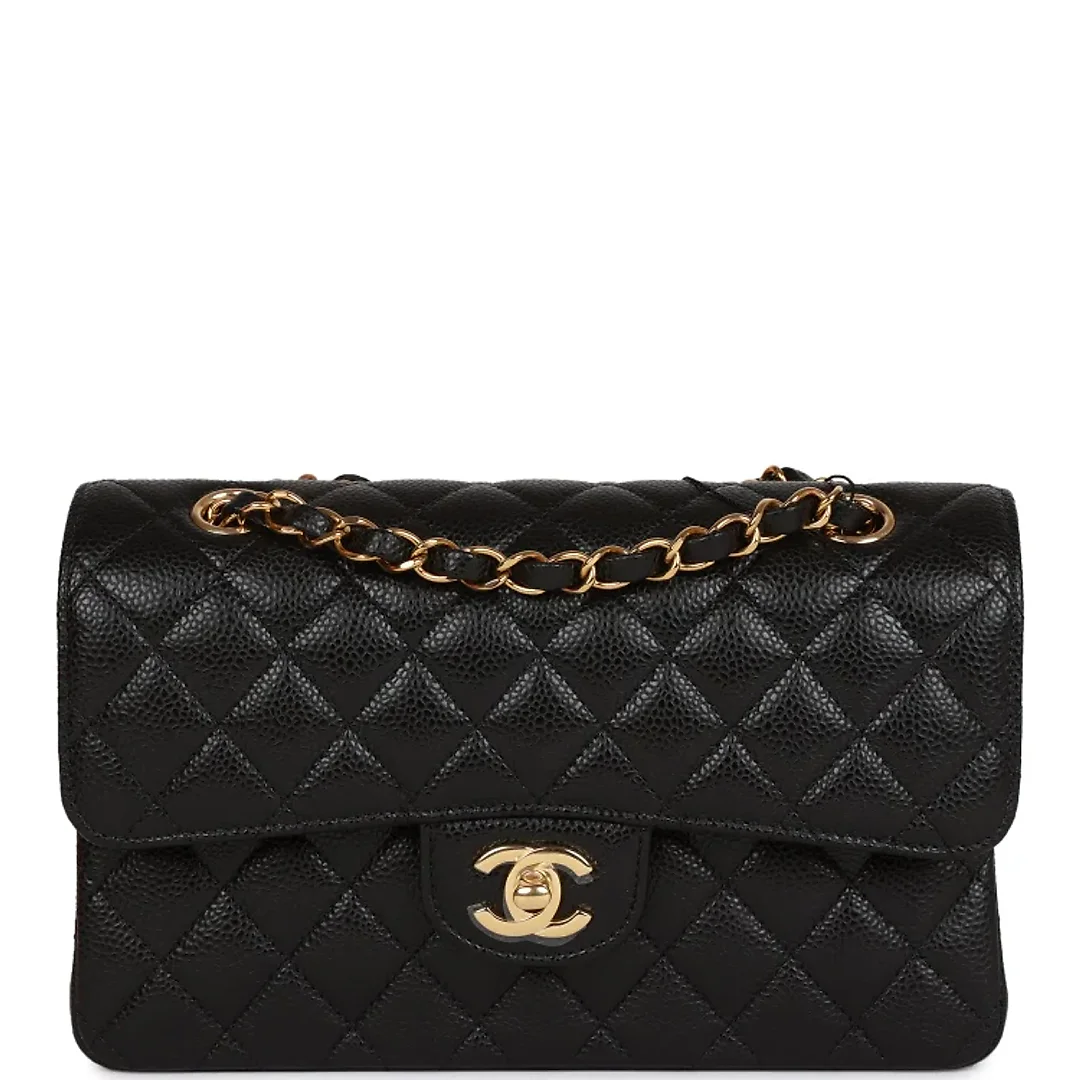 CC Small Classic Double Flap Black Caviar Gold Hardware