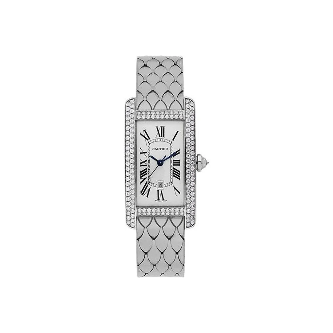 Cartier Tank Americaine Medium Model Watch – 41.6 x 22.6 mm White Gold Diamond Case – White Gold In Bracelet – WB710011