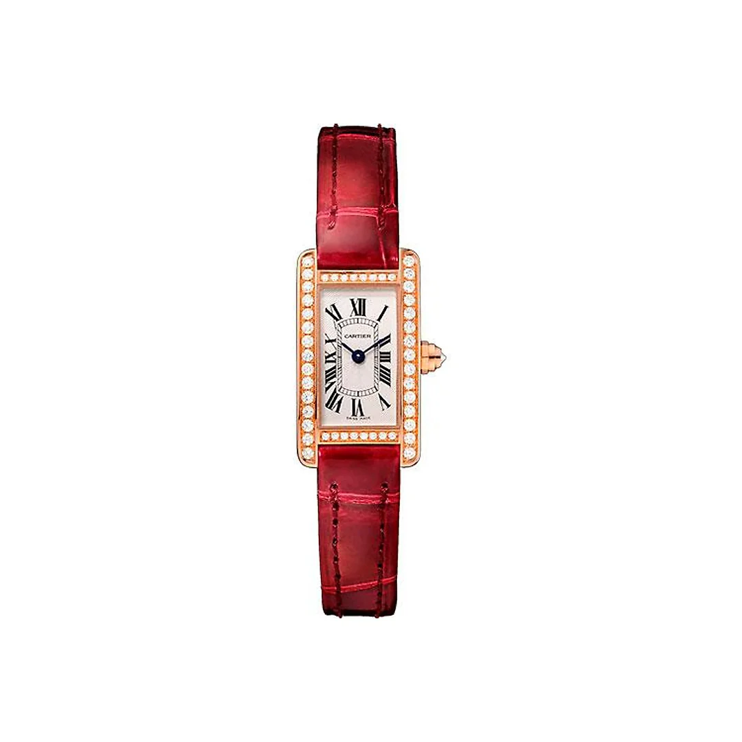 Cartier Tank Americaine Watch – 27 mm Pink Gold Diamond Case – Diamond Bezel – Diamond Dial – Red Strap – WB710014