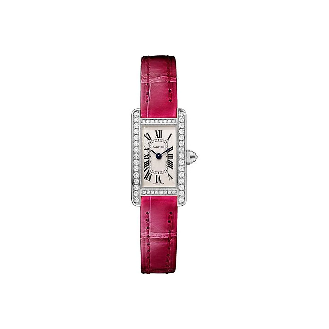 Cartier Tank Americaine Watch – 27 mm White Gold Diamond Case – Diamond Bezel – Diamond Dial – Pink Strap – WB710015