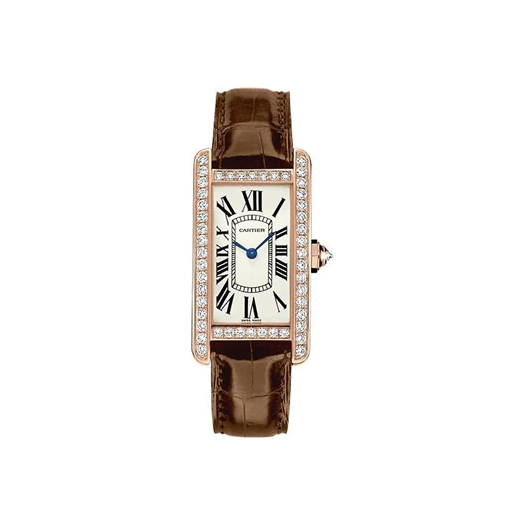 Cartier Tank Americaine Watch – 34.8 mm Pink Gold Diamond Case – Brown Alligator Strap – WJTA0002
