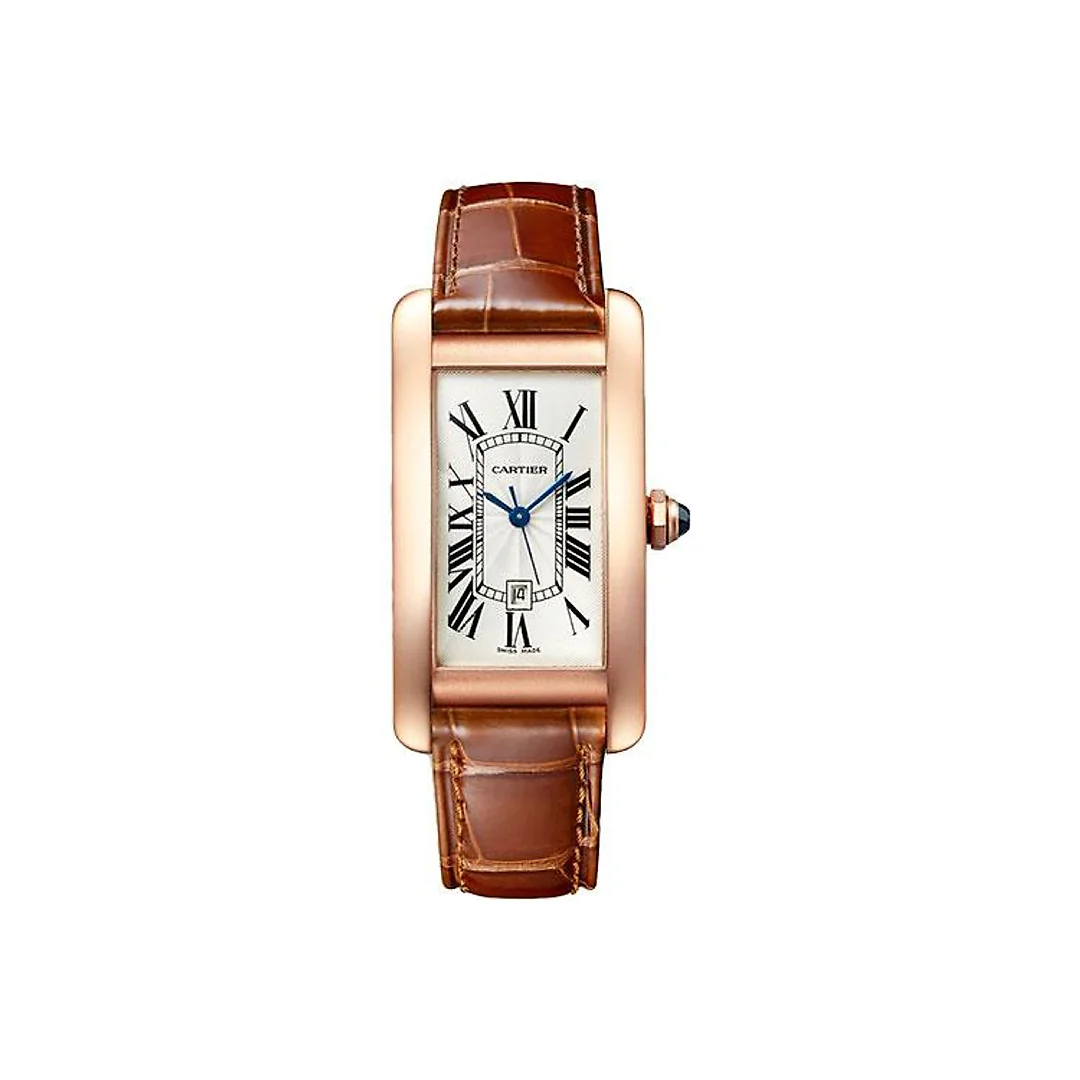 Cartier Tank Americaine Watch – 41.60 mm x 22.60 mm Rose Gold Case – Silver Dial – Brown Leather Strap – WGTA0046