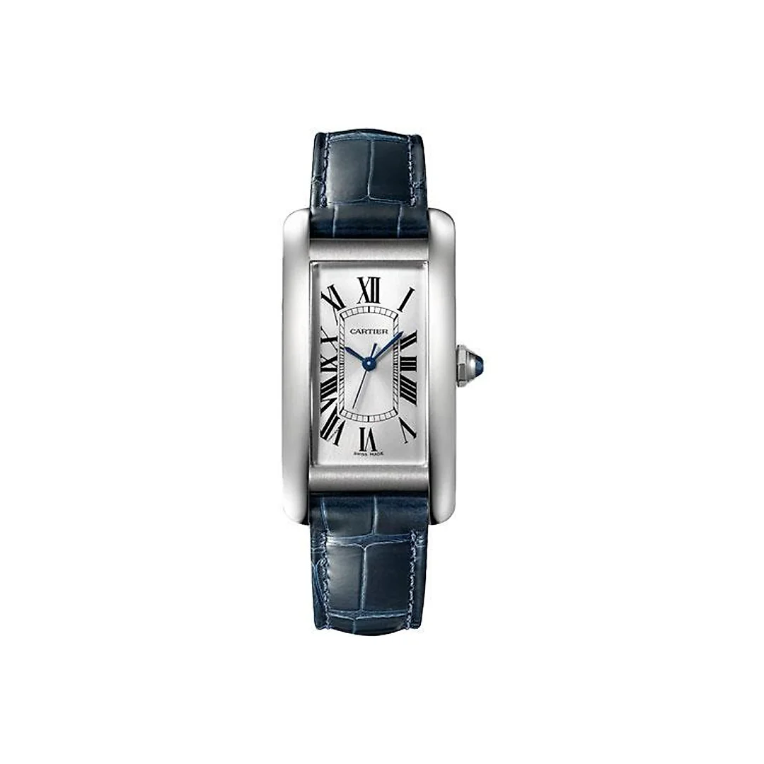 Cartier Tank Americaine Watch – 41.60 mm x 22.60 mm Steel Case – Silver Dial – Navy Blue Leather Strap – WSTA0044