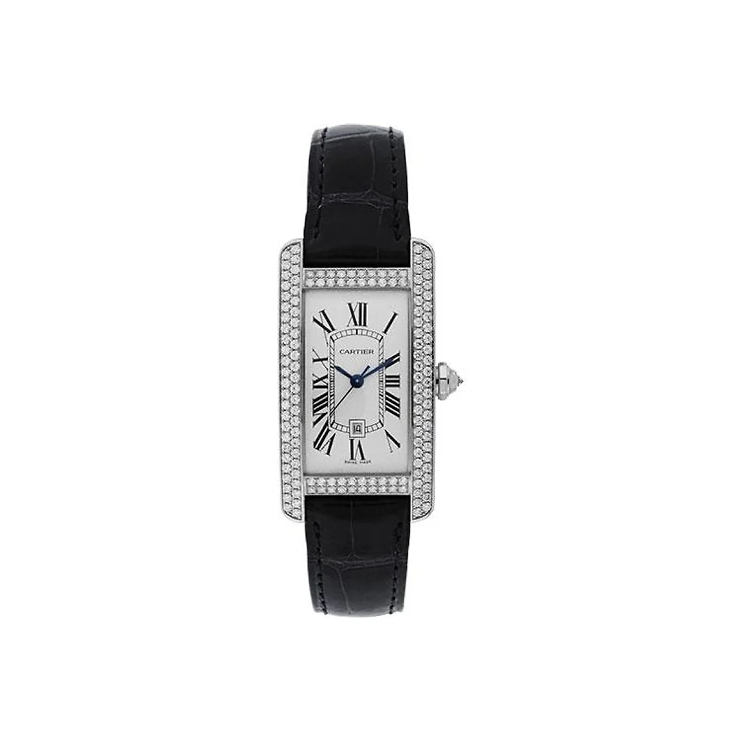 Cartier Tank Americaine Watch – Medium White Gold Diamond Case – Alligator Strap – WB710002