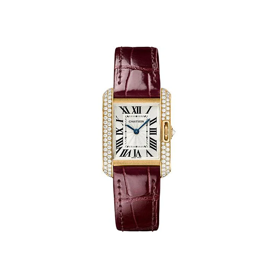 Cartier Tank Anglaise Watch – 30.2 mm Pink Gold Case – Diamond Bezel – Claret Red Alligator Strap – WT100013