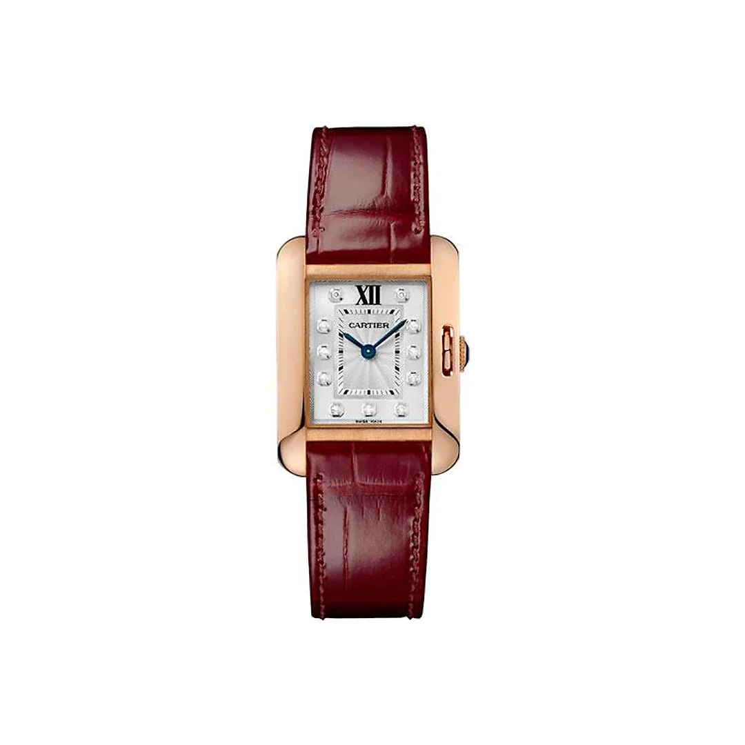 Cartier Tank Anglaise Watch – 30.2 mm Pink Gold Case – Diamond Dial – Bordeaux Alligator Strap – WJTA0007
