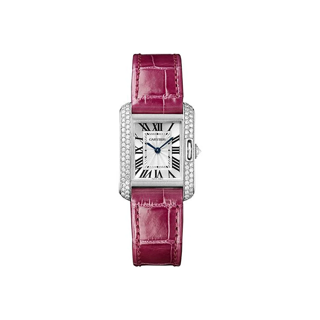 Cartier Tank Anglaise Watch – 30.2 mm White Gold Diamond Case – Silvered Dial – Fuschia Alligator Strap – WT100015