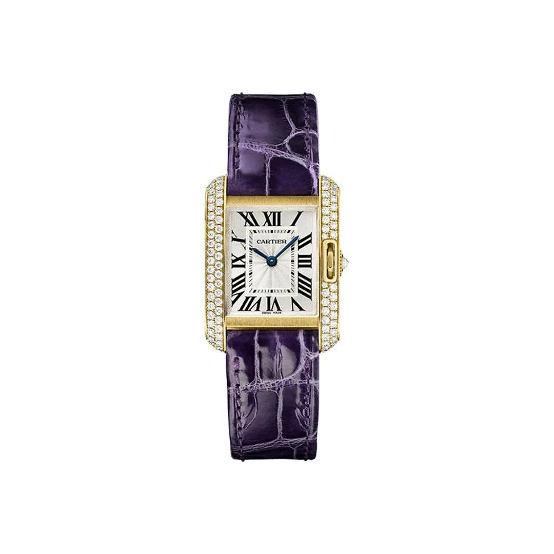 Cartier Tank Anglaise Watch – 30.2 mm Yellow Gold Diamond Case – Silvered Dial – Aubergine Alligator Strap – WT100014