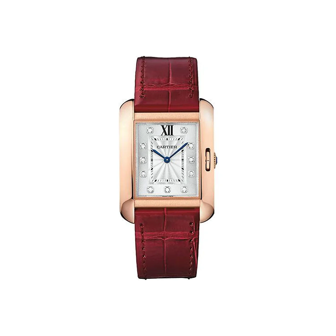 Cartier Tank Anglaise Watch – 34.7 mm Pink Gold Case – Diamond Dial – Bordeaux Alligator Strap – WJTA0009