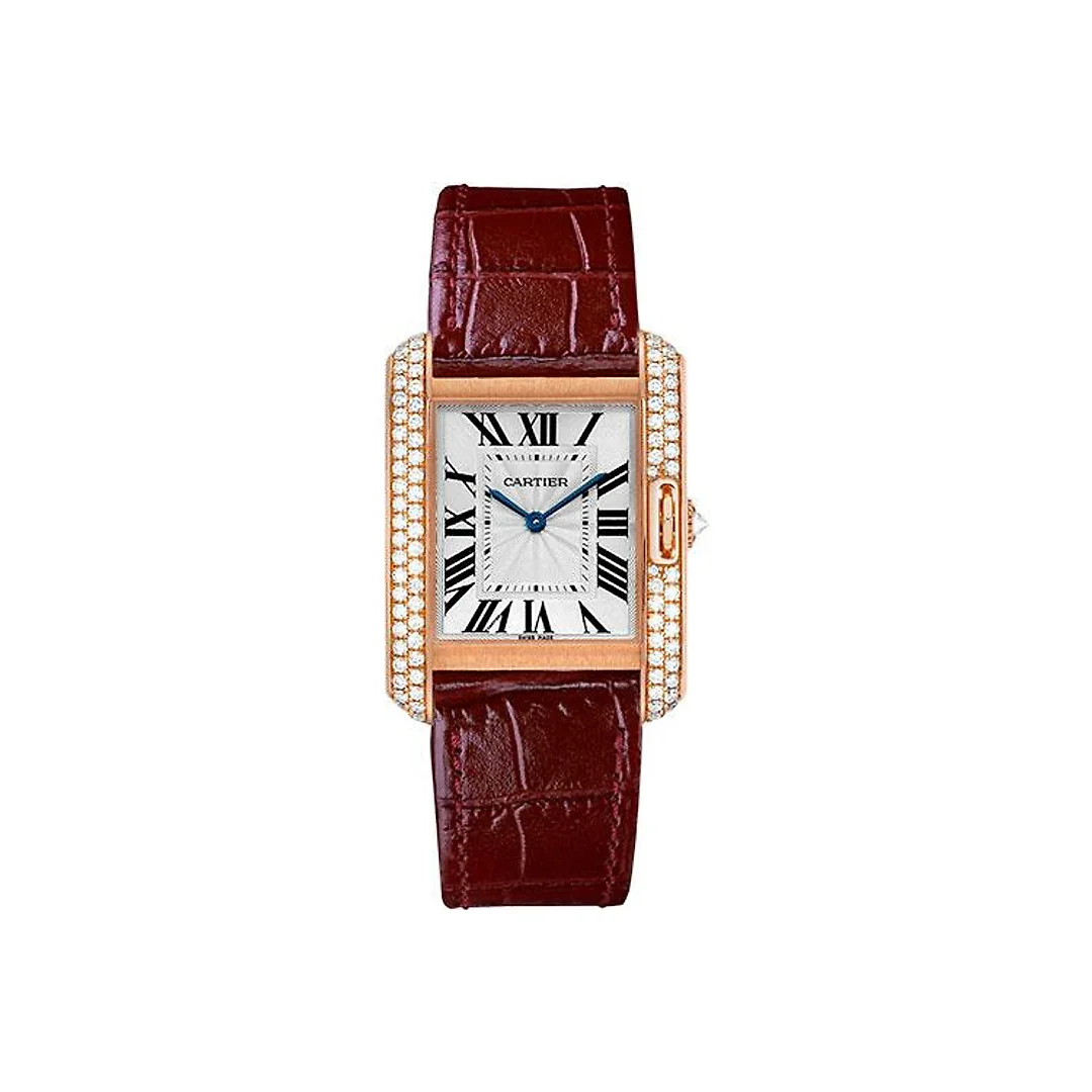 Cartier Tank Anglaise Watch – 34.7 mm Pink Gold Case – Diamond Bezel – Diamond Dial – Bordeaux Alligator Strap – WT100029
