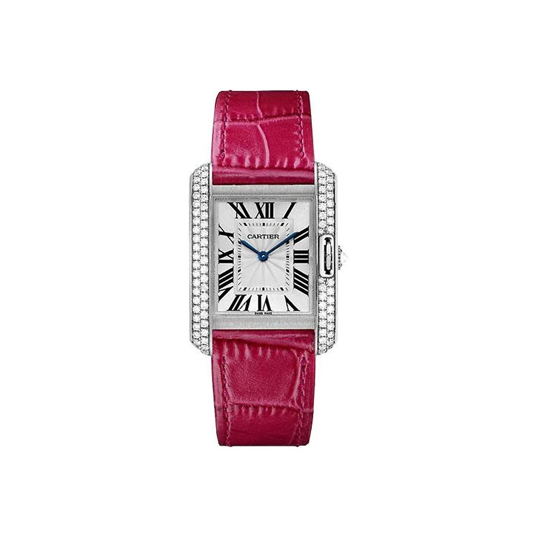 Cartier Tank Anglaise Watch – 34.7 mm White Gold Rodium Diamond Case – Silvered Flinque Dial – Fuchsia Pink Alligator Strap – WT100030
