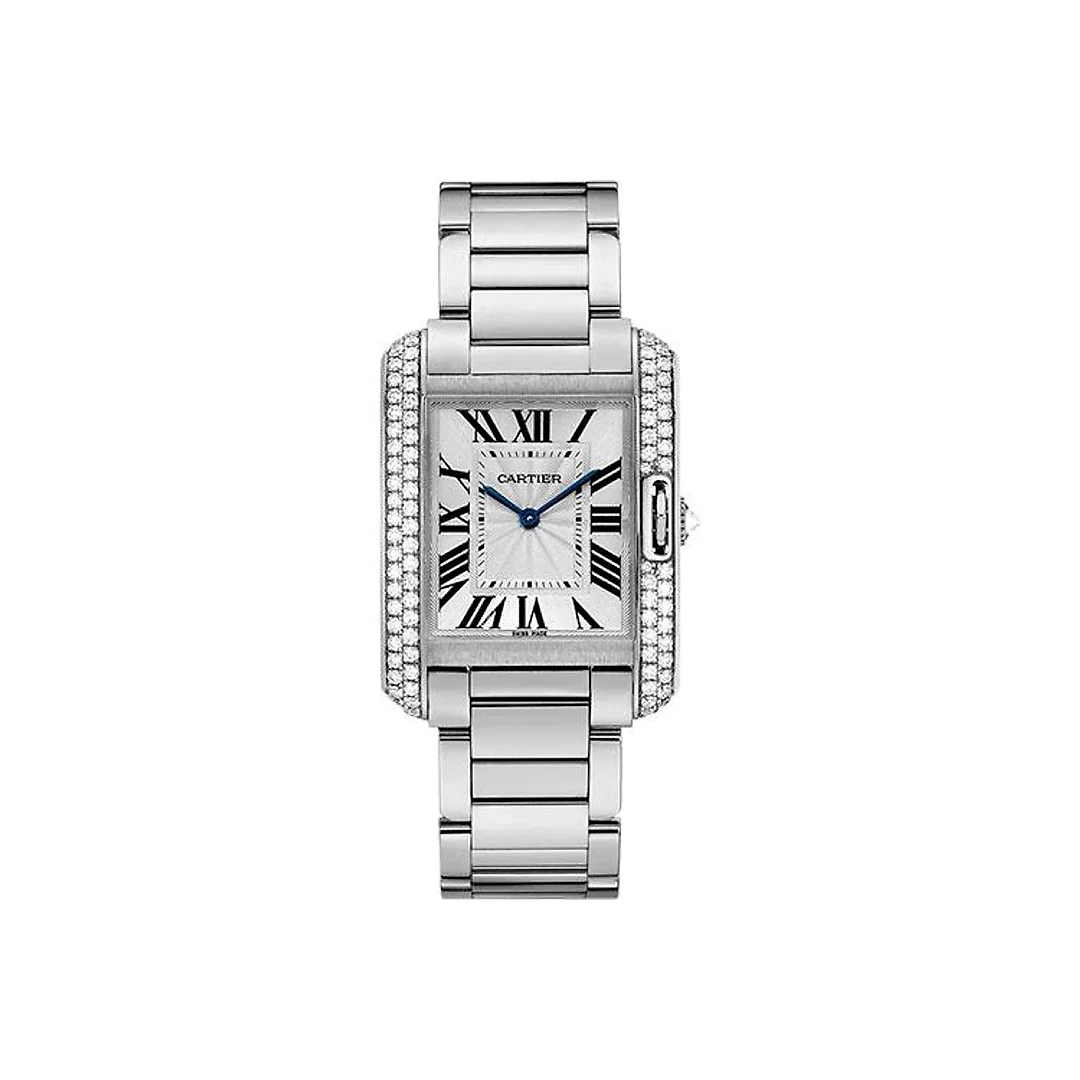 Cartier Tank Anglaise Watch – 34.7 mm White Gold Diamond Case – Diamond Bezel – Silver Diamond Dial – WT100028