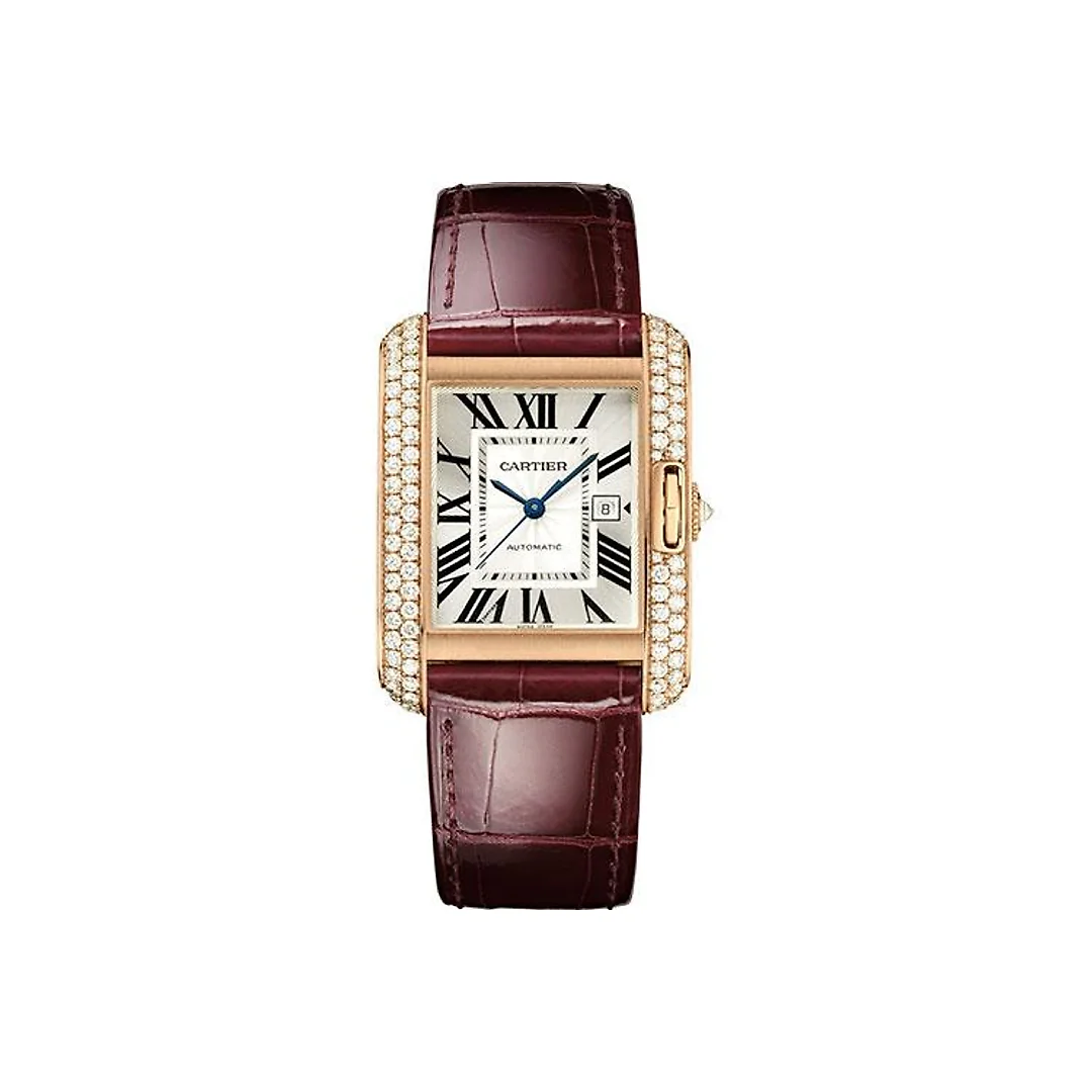 Cartier Tank Anglaise Watch – 39.2 mm Pink Gold Case – Diamond Bezel – Claret Red Alligator Strap – WT100016