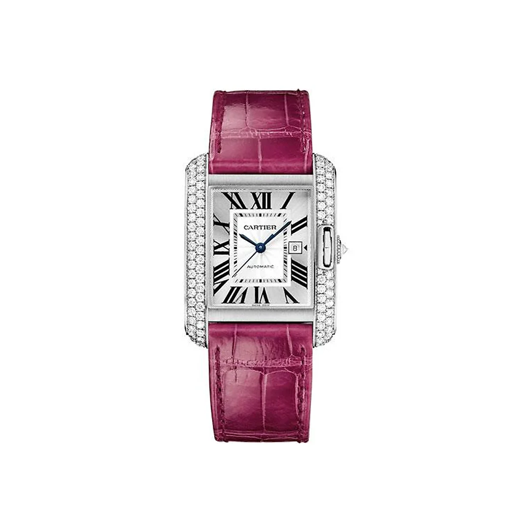 Cartier Tank Anglaise Watch – 39.2 mm White Gold Diamond Case – Silvered Dial – Fuschia Alligator Strap – WT100018