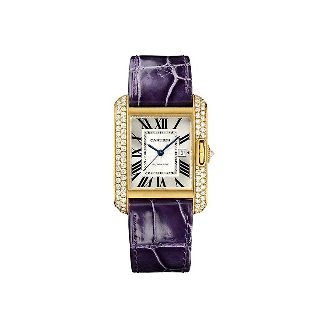 Cartier Tank Anglaise Watch – 39.2 mm Yellow Gold Diamond Case – Silvered Dial – Aubergine Alligator Strap – WT100017