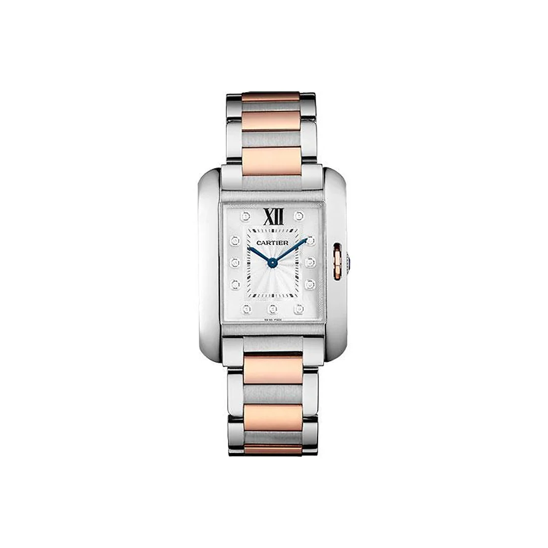 Cartier Tank Anglaise Watch – Medium Steel Case – Silvered Diamond Dial – Pink Gold And Steel Bracelet – WT100032