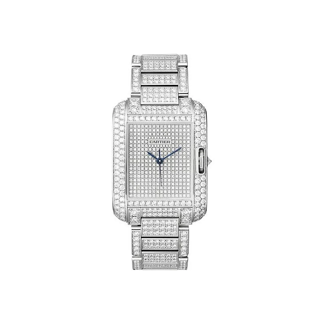 Cartier Tank Anglaise Watch – Medium White Gold Diamond Case – Diamond Paved White Gold Dial – Diamond Bracelet – HPI00561