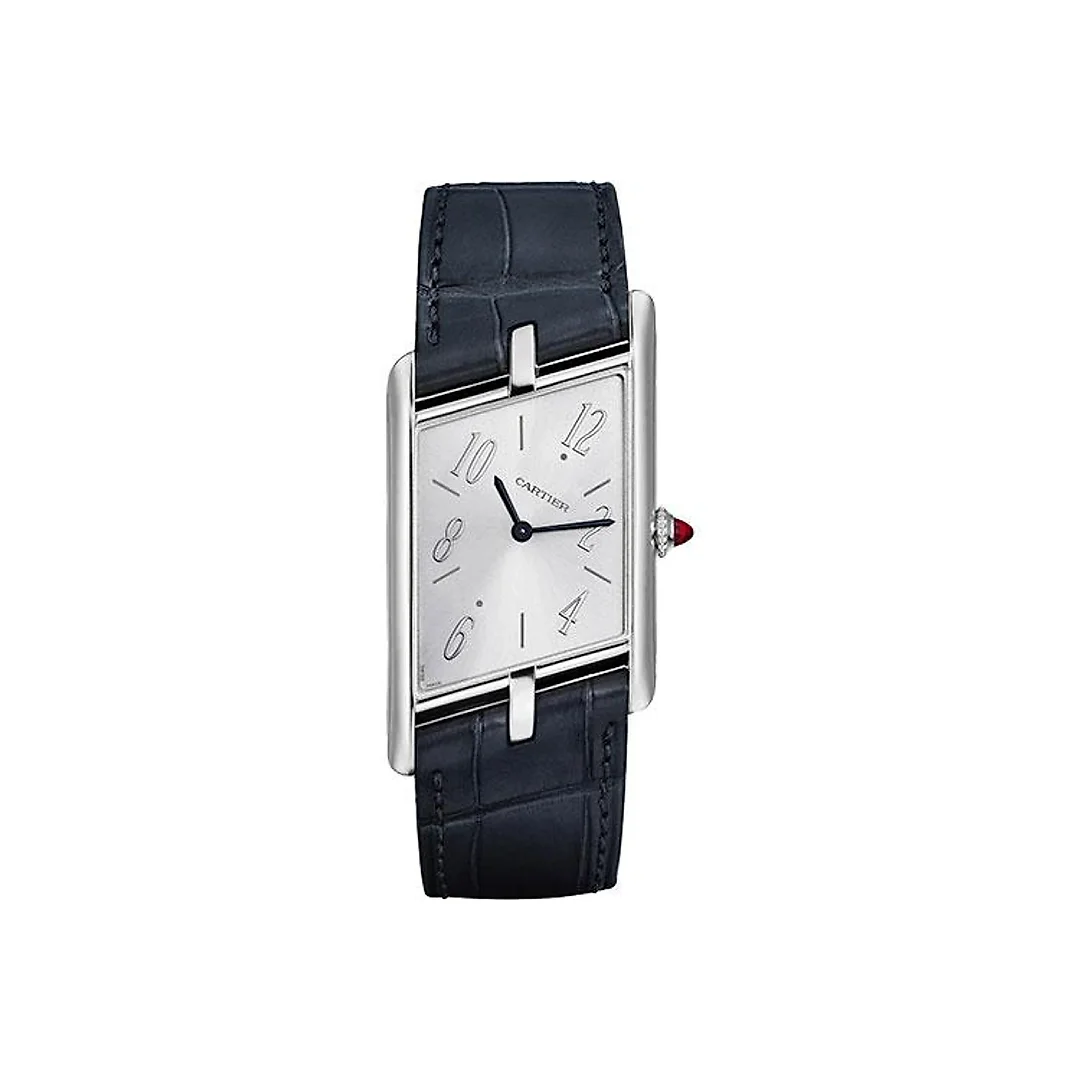 Cartier Tank Asymetrique Watch – 47.15 mm x 26.10 mm Platinum Case – Silvered Dial – Dark Grey Alligator Strap Limited Edition of 100 – WGTA0042