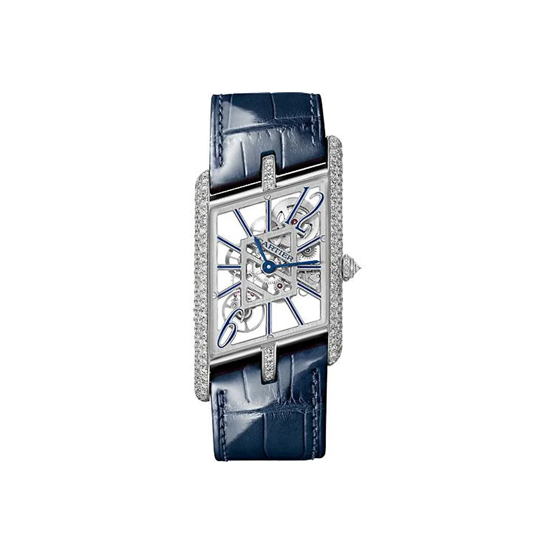 Cartier Tank Asymetrique Watch – 47.15 mm x 26.20 mm Platinum Diamond Case – Skeleton Dial – Navy Blue And Black Alligator Straps Limited Edition of 100 – HPI01370