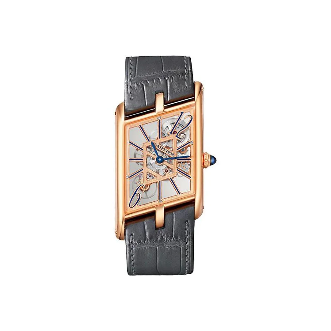 Cartier Tank Asymetrique Watch – 47.15 mm x 26.20 mm Rose Gold Case – Skeleton Dial – Brown And Dark Gray Alligator Straps Limited Edition of 100 – WHTA0011
