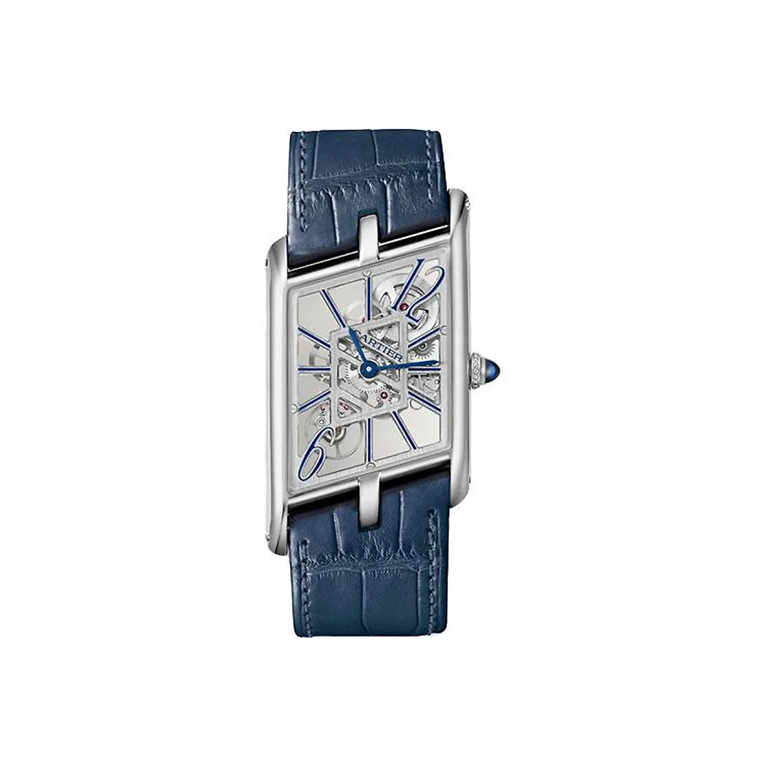 Cartier Tank Asymetrique Watch – 47.15 mm x 26.20 mm Platinum Case – Skeleton Dial – Navy Blue And Black Alligator Straps Limited Edition of 100 – WHTA0012