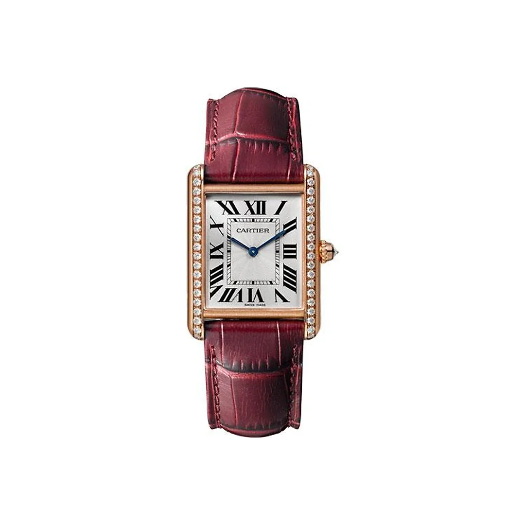Cartier Tank Louis Cartier Watch – 33.7 mm Pink Gold Diamond Case – Burgundy Alligator Strap – WJTA0014