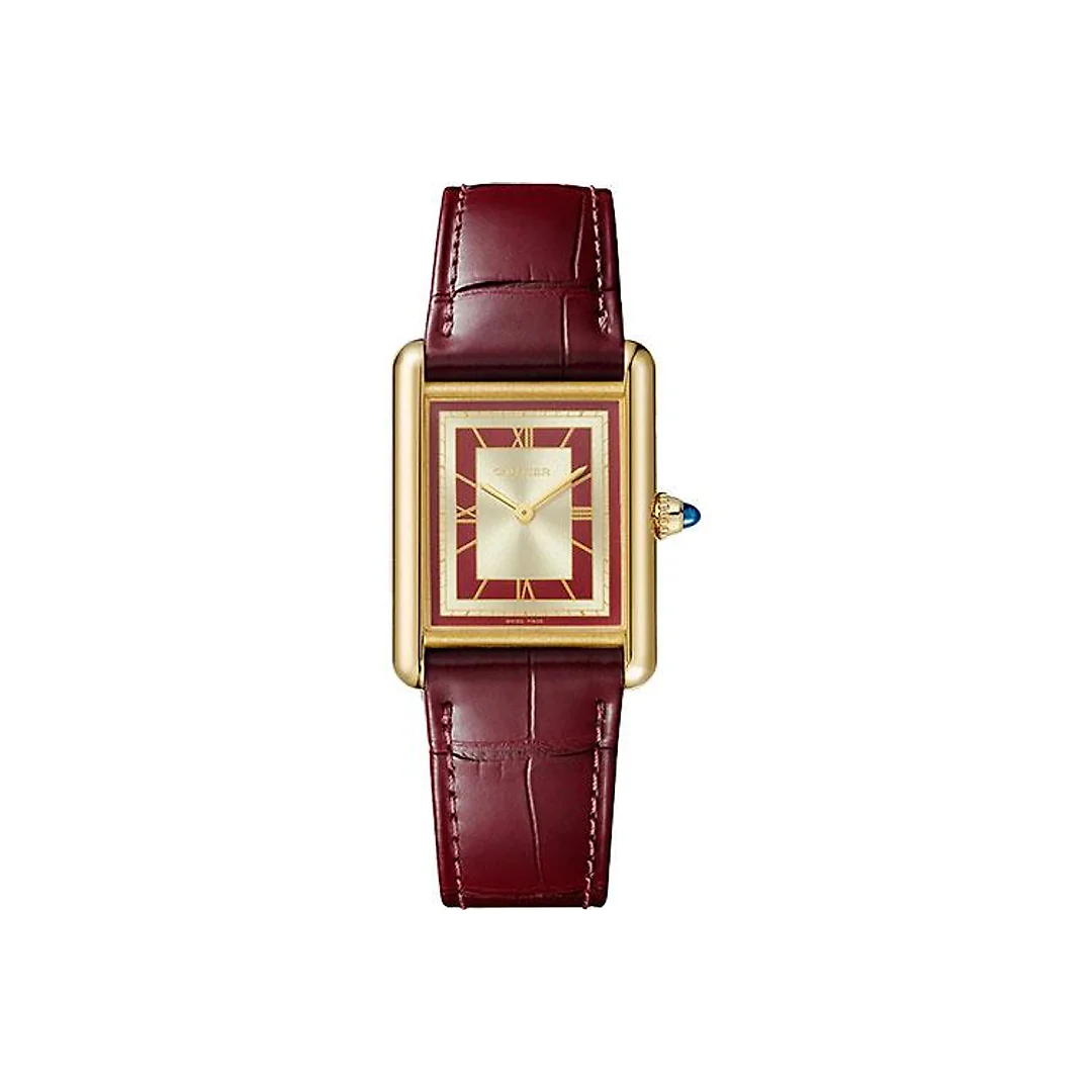 Cartier Tank Louis Cartier Watch – 33.7 mm x 25.5 mm Yellow Gold Case – Opaline Dial – Claret Alligator Strap – WGTA0059