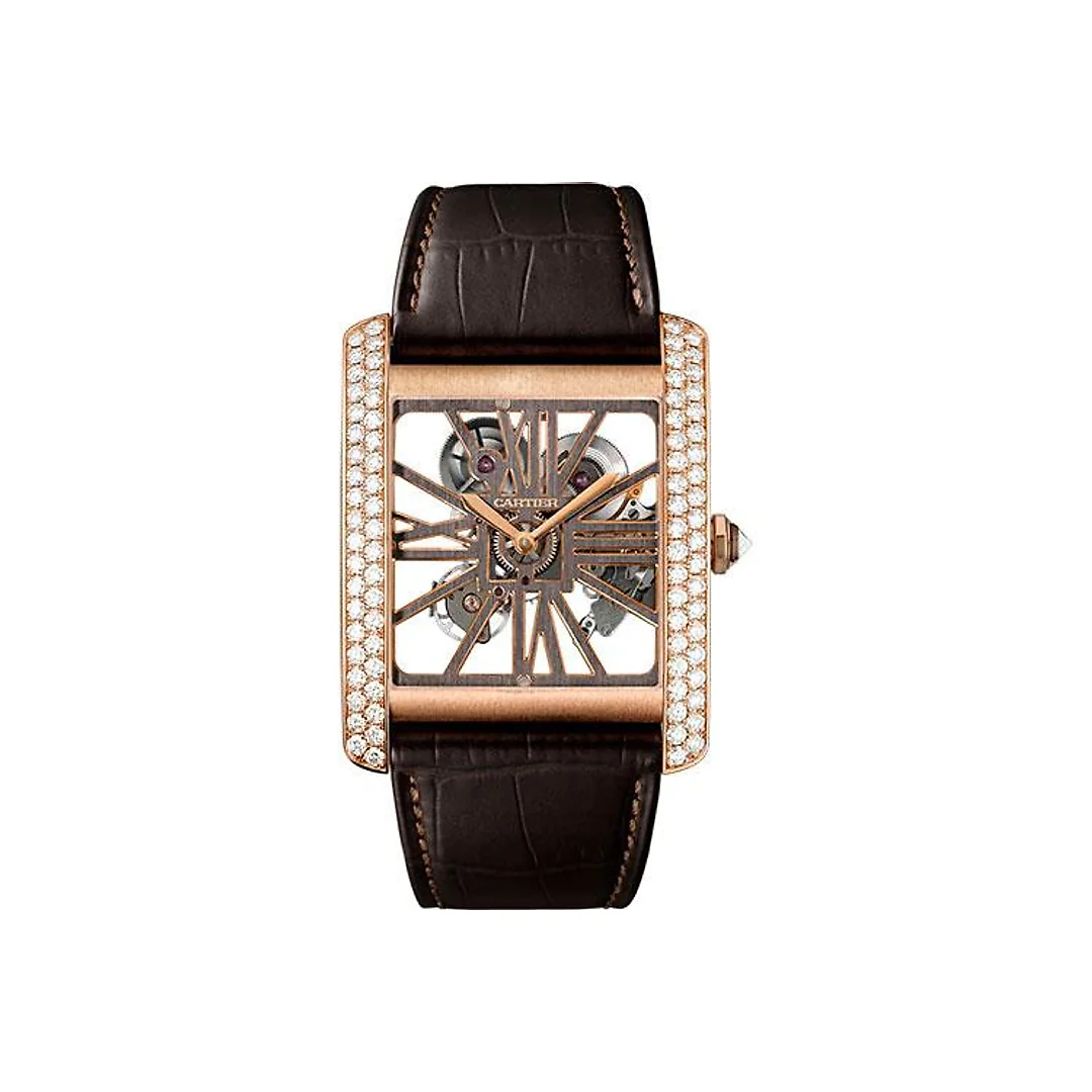 Cartier Tank MC Skeleton Watch – 34.5 mm Pink Gold Diamond Case – Diamond Bezel – Pink Gold Dial – Brown Alligator Strap – HPI00715